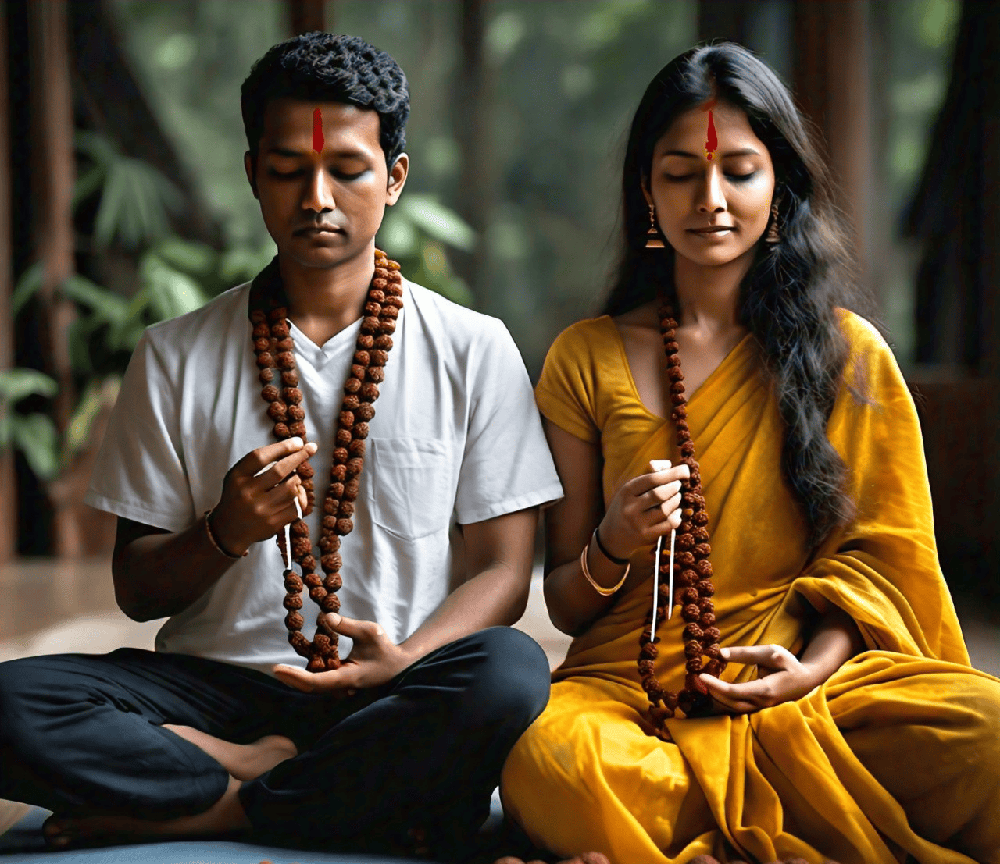 An image of couples meditating with Rudraksha beads, embodying love and emotional connection